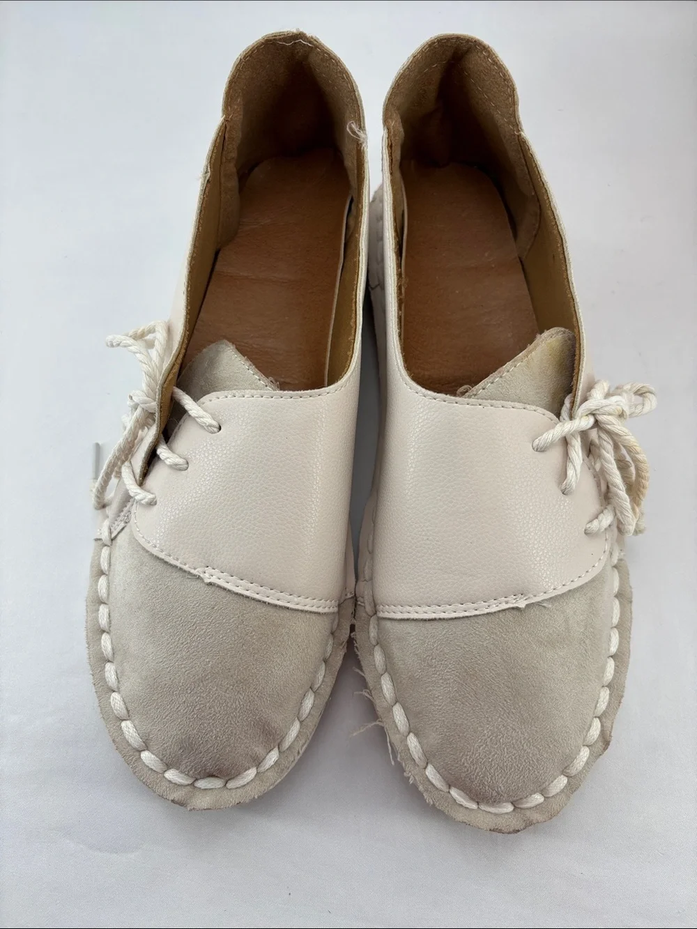 Fashion Women's 9.5 Casual Lace-Up Leather/Suede Flats - White & Cream #743